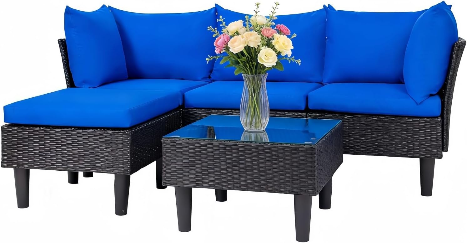 5-Piece Outdoor Sectional Sofa Set, All-Weather PE Wicker Patio Furniture with Thick Washable Cushions, for Backyard, Porch, Poolside & Balcony(Blue)
