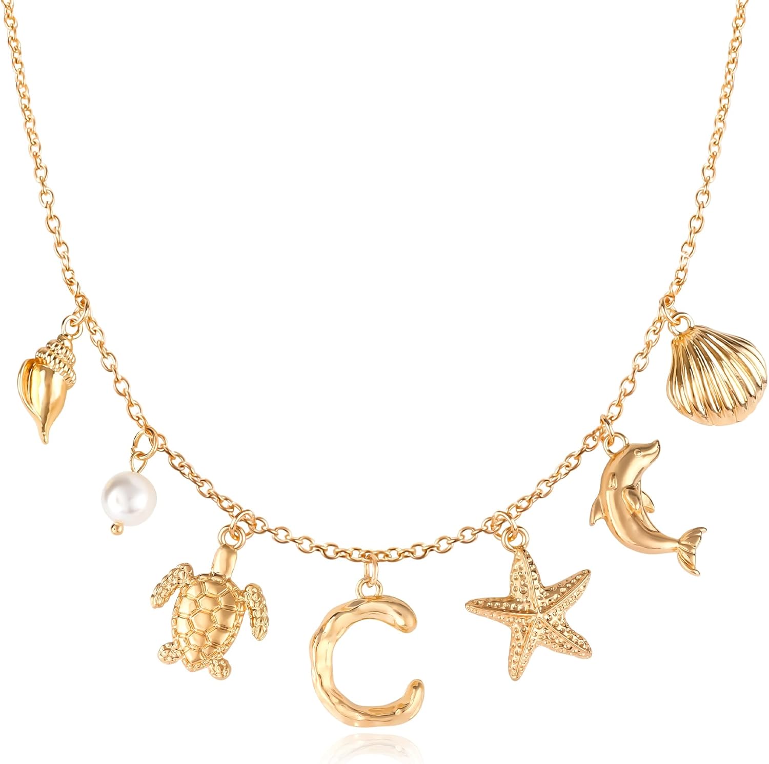 NEKOL Initial C Charm Necklace For Women, Boho Gold Summer Beach Surfer Letter Necklace Starfish Seashell Pearl Turtles Dolphin Charms Pendant, Trendy Pendant Alphabet Choker Necklace Jewelry Gifts