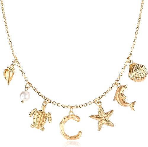 NEKOL Initial C Charm Necklace For Women, Boho Gold Summer Beach Surfer Letter N