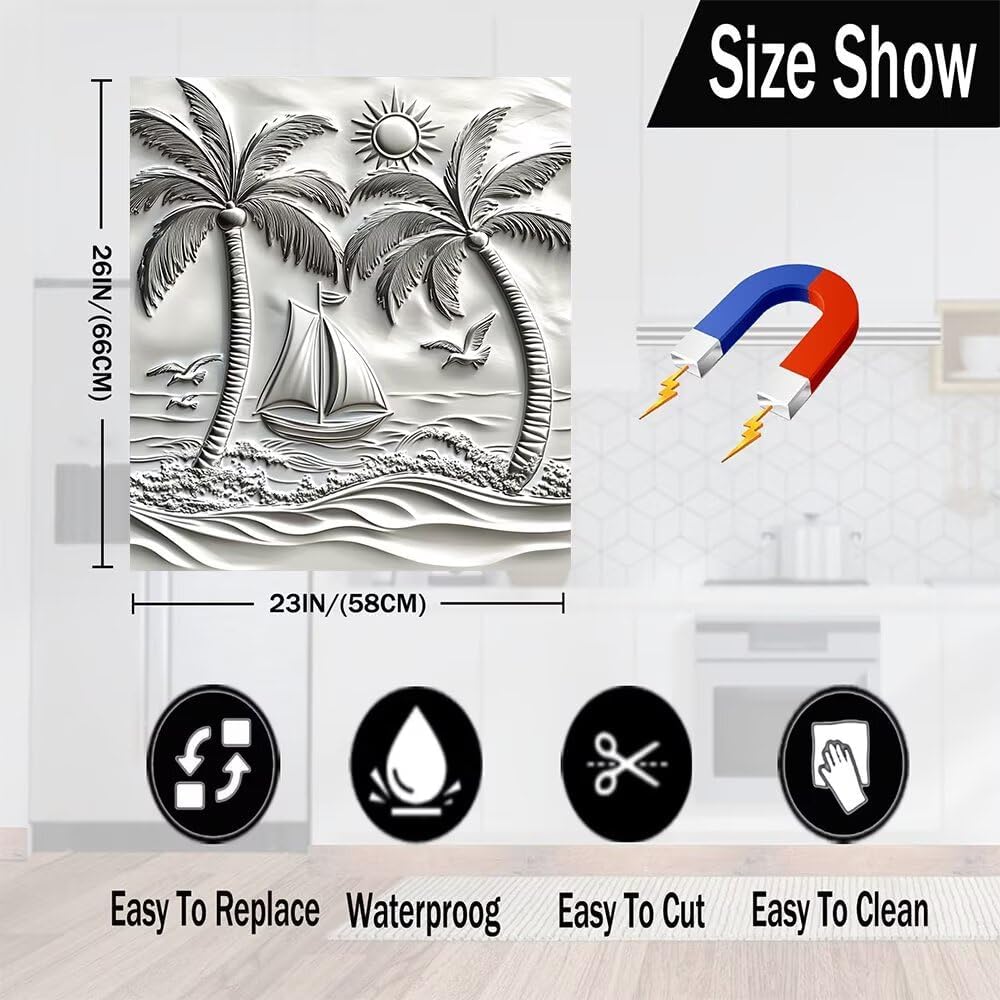 Metal Relief Palm Trees Magnet Dishwasher Skin Cover Panel, Silver Metal Sea Magnet Refrigerator Panel Decal, Boat and Seagulls Vinyl Decal for Dish Washer - (Magnetic 23"x 26")