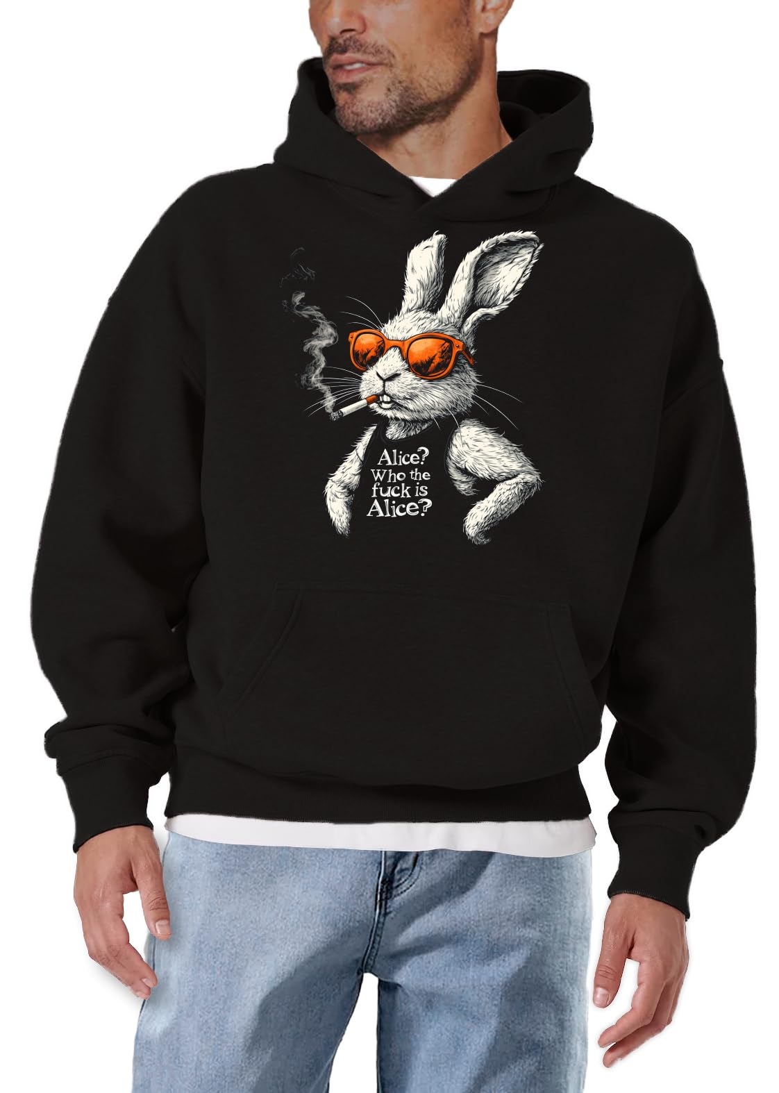 MAKAYA bluza z kapturem męska z napisem Who is Alice zabawny nadruk z motywem królika hoodie