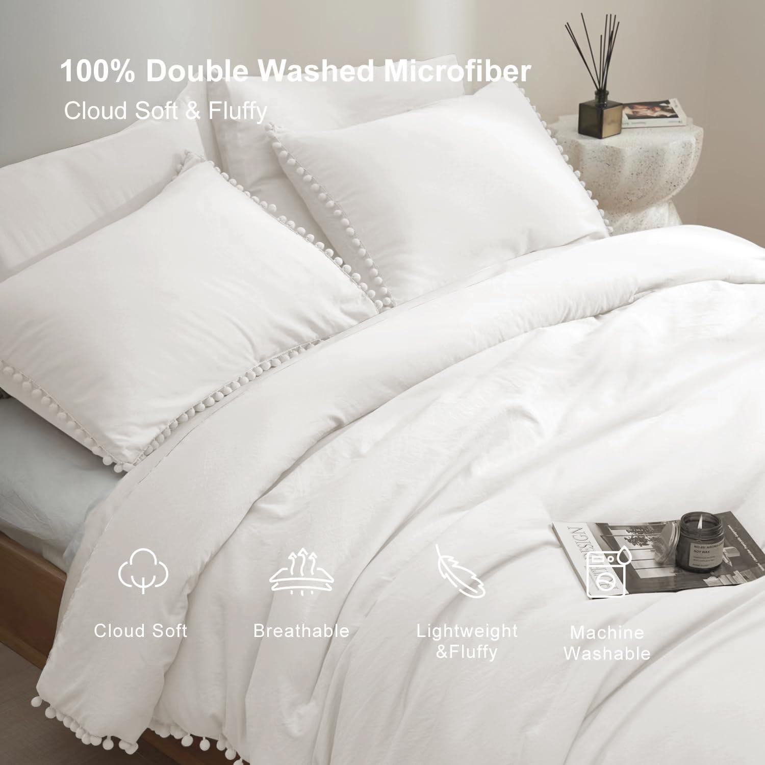 MUKKA Queen Comforter Set 5-Piece Queen Size White, Boho Pom Pom Fringe Comforter Sets Ivery, Soft Microfiber Bedding Comforter Set White with 2 Pillowcases,2 Pillowshams