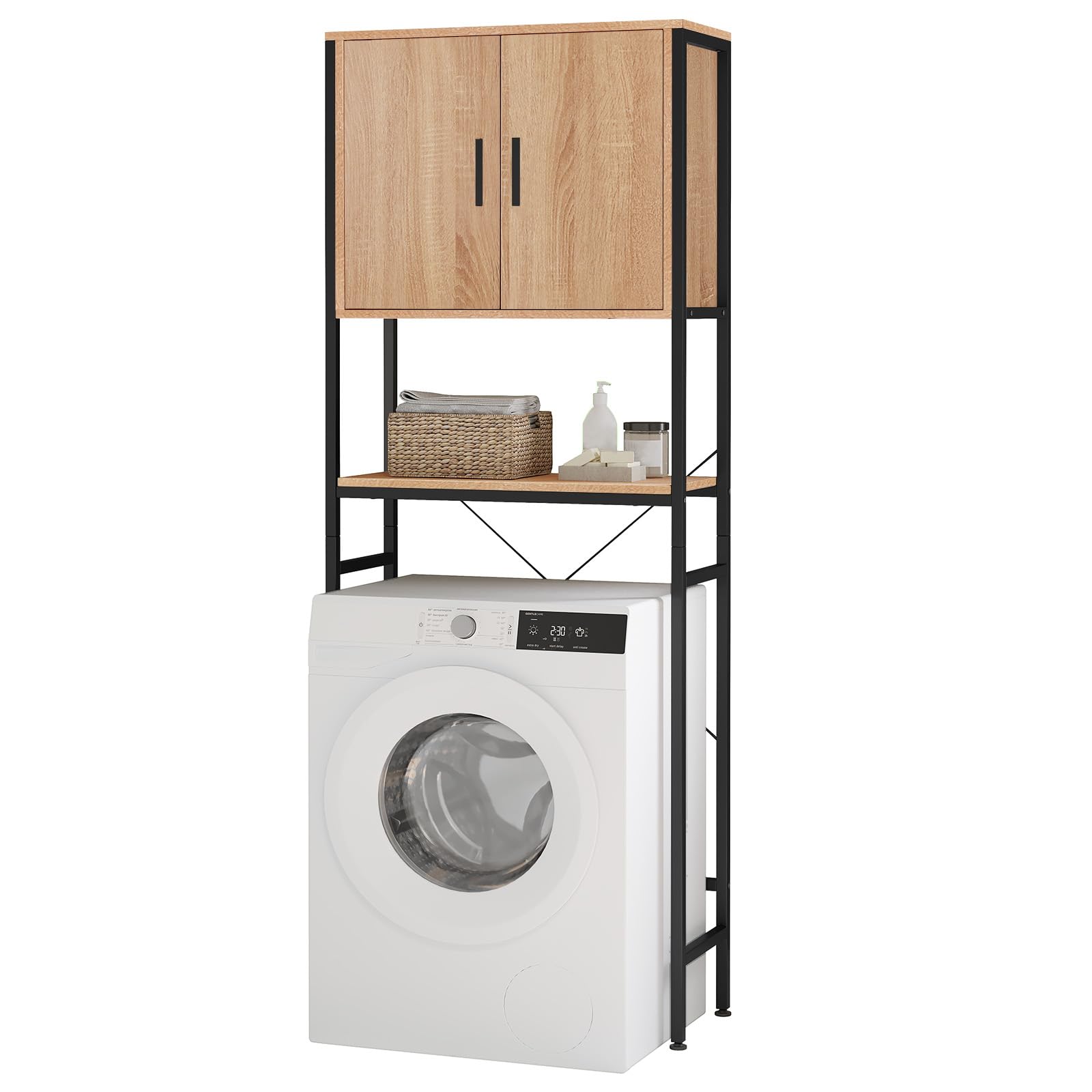 EUGAD Waschmaschinenschrank, Waschmaschinenregal Regal über Waschmaschine Toilette, Toilettenregal mit Schrank Verstellbarer Ablage, Badregal aus Holzwerkstoff Metall, 64,5x170x27 cm