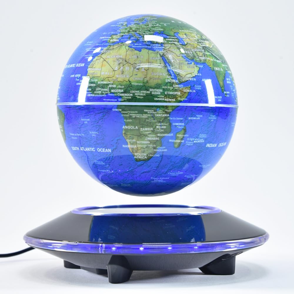 Kögler 75605 - Globe Flottant avec éclairage LED, 14 cm env., Globe magnétique avec Changement de Couleur, câble USB Inclus, comme mappemonde et veilleuse