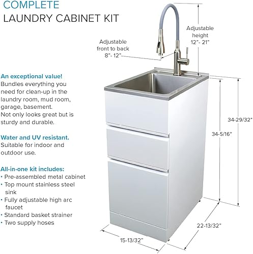 Miniatura 3 de Transolid TC2D-1522-W - Lavabo y gabinete todo en uno de 15.5 pulgadas x 22.4 pulgadas x 34.9 pulgadas de metal en blanco brillante