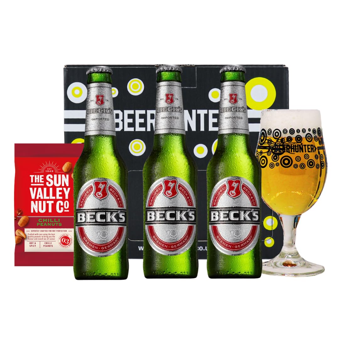 Beer HunterBecks German Premium Lager 275ml Bottles Gift 3 Pack with Branded Glass