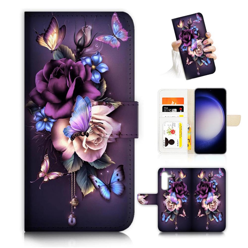 for Samsung S23+, Samsung Galaxy S23 Plus, Art Designed Flip Wallet Style Cover Case Flower Butterfly Painting Full Body Protection AD003 (#24886 Purple Rose Flower s23p)