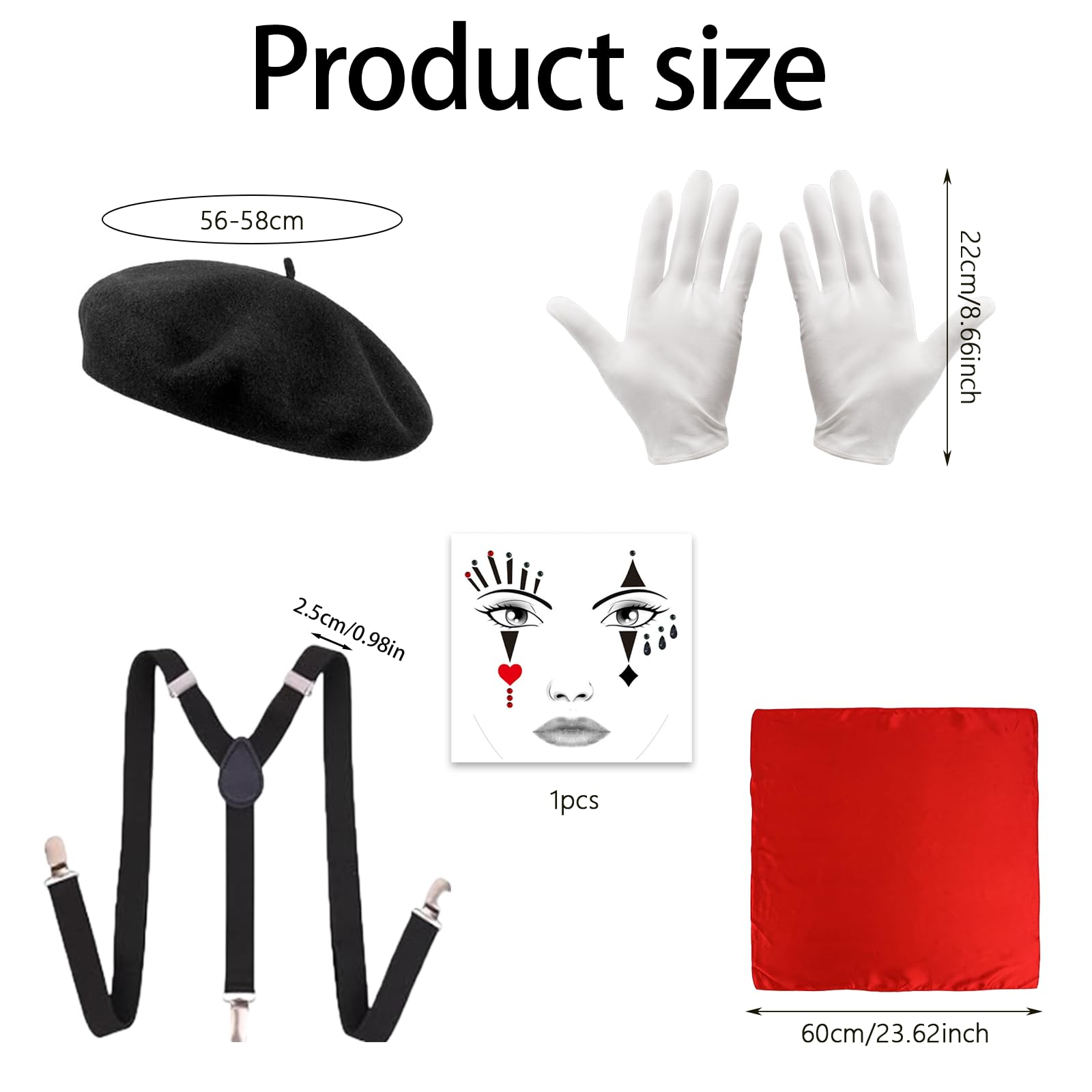 GWAWG Pantomime Costume for Men and Women Pierrot Style Clown Costume with Black Beret, Red Bow Tie, White Gloves - Image 2