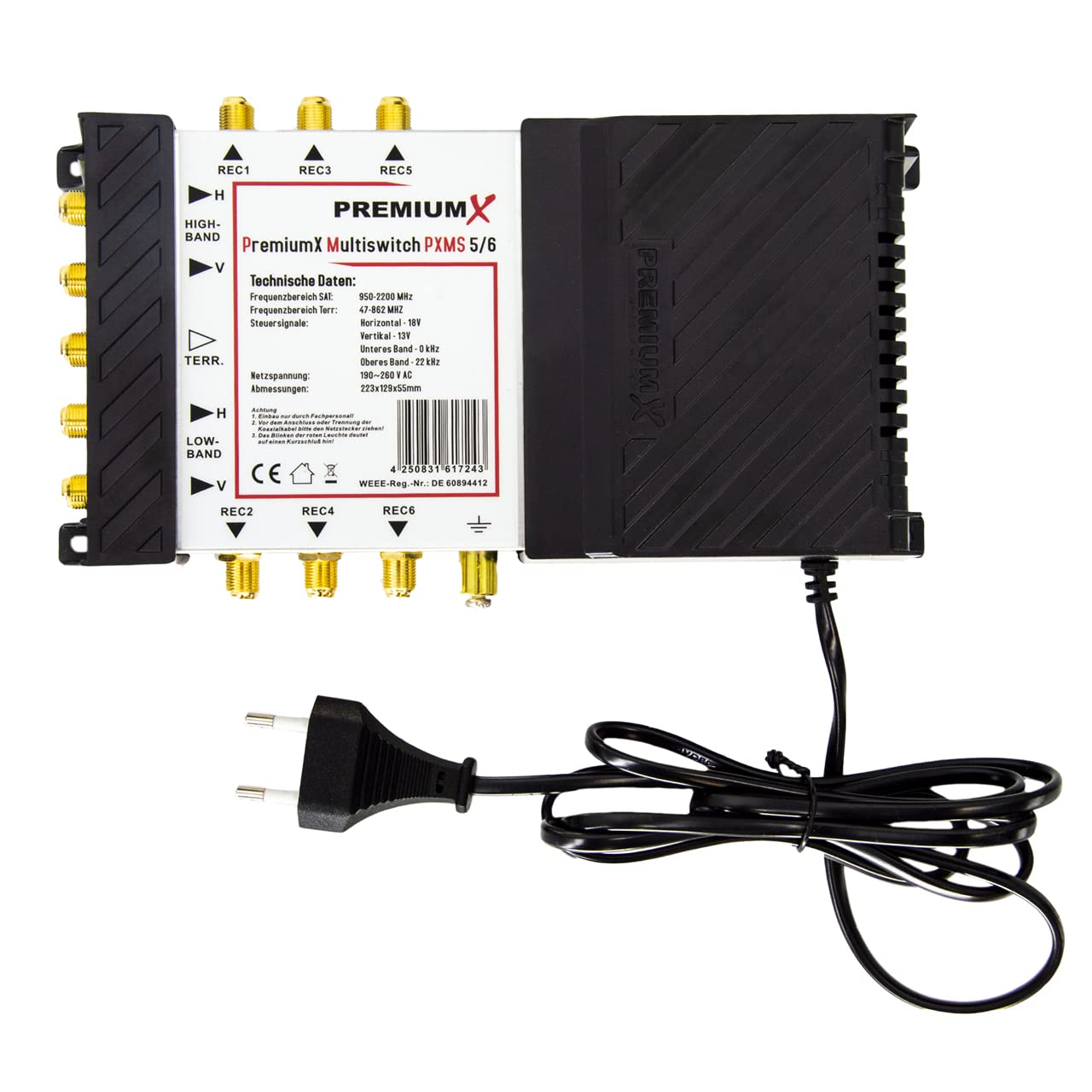 Premium X PXMS Multiswitch 5/6 con alimentador - Distribuidor de señales satelitales para 6 usuarios - Compatible con Digital HDTV FullHD 4K UHD 8K