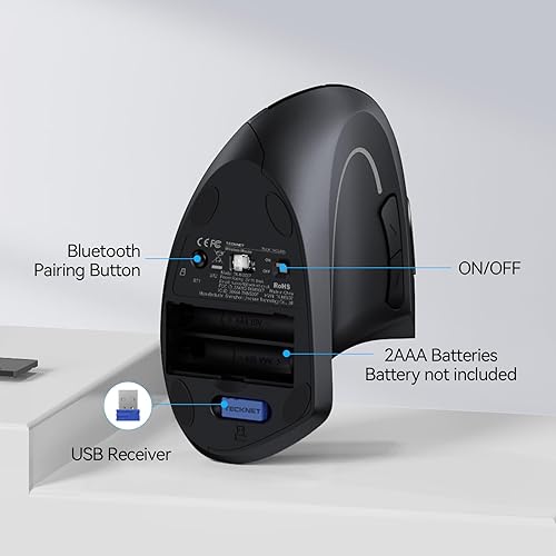 Miniatura 7 de TECKNET Ratón ergonómico, mouse vertical inalámbrico Bluetooth, seguimiento óptico de 4800 DPI, 6 DPI ajustables, clics silenciosos, 2.4 GHz con