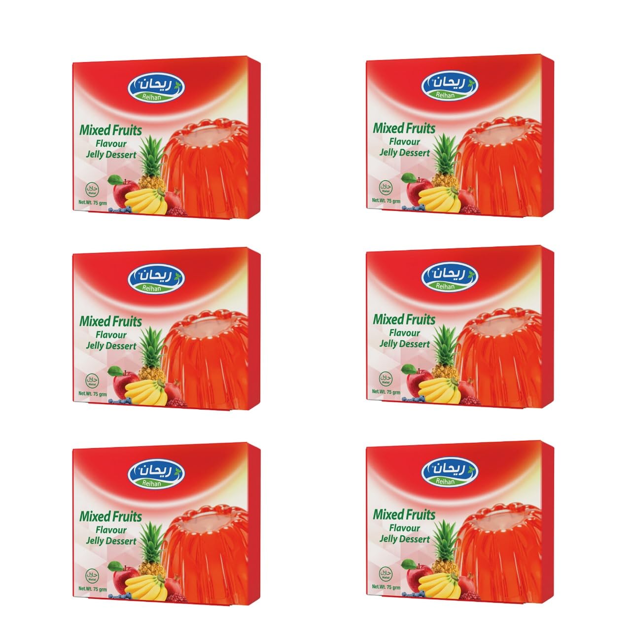Reihan Mixed Fruit Flavor Gelatin Dessert Powder Pack of 6 X 75g - Halal Jelly Powder Mix, Quick & Easy Sweet Treat for Refreshing Indulgence, Ready in Minutes