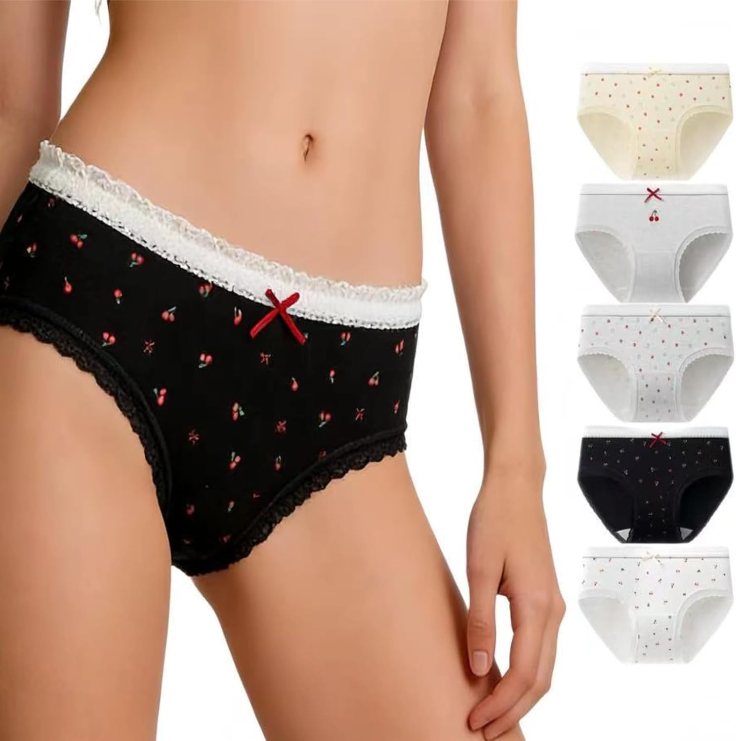 Womens Strawberry Cherry Cotton Lace Panties Cute Bow 5 Pack Kawaii Cartoon Breathable Soft Girls Comfort Underwear