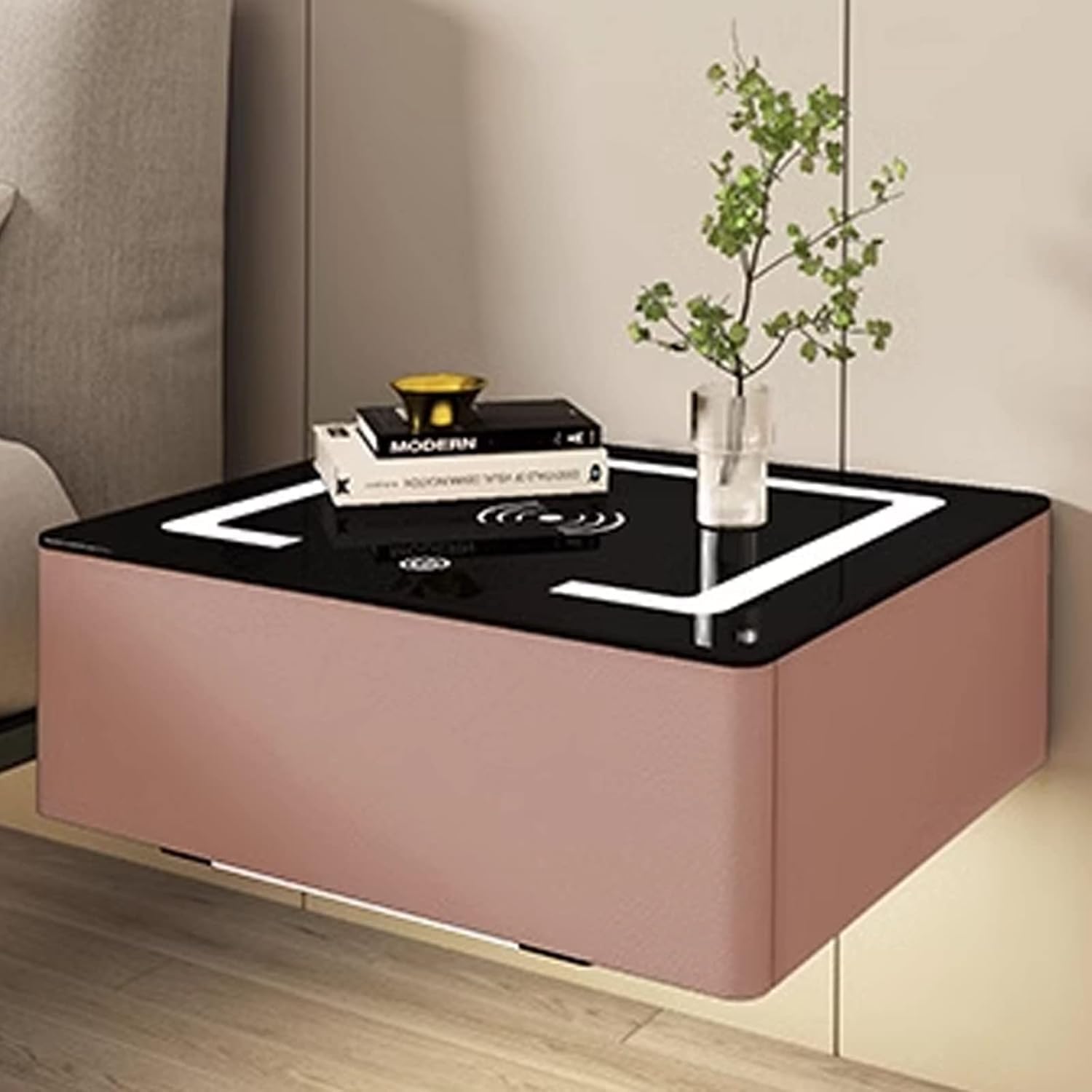 Table de chevet LED avec station de charge USB rapide et tiroir de rangement suspendu
