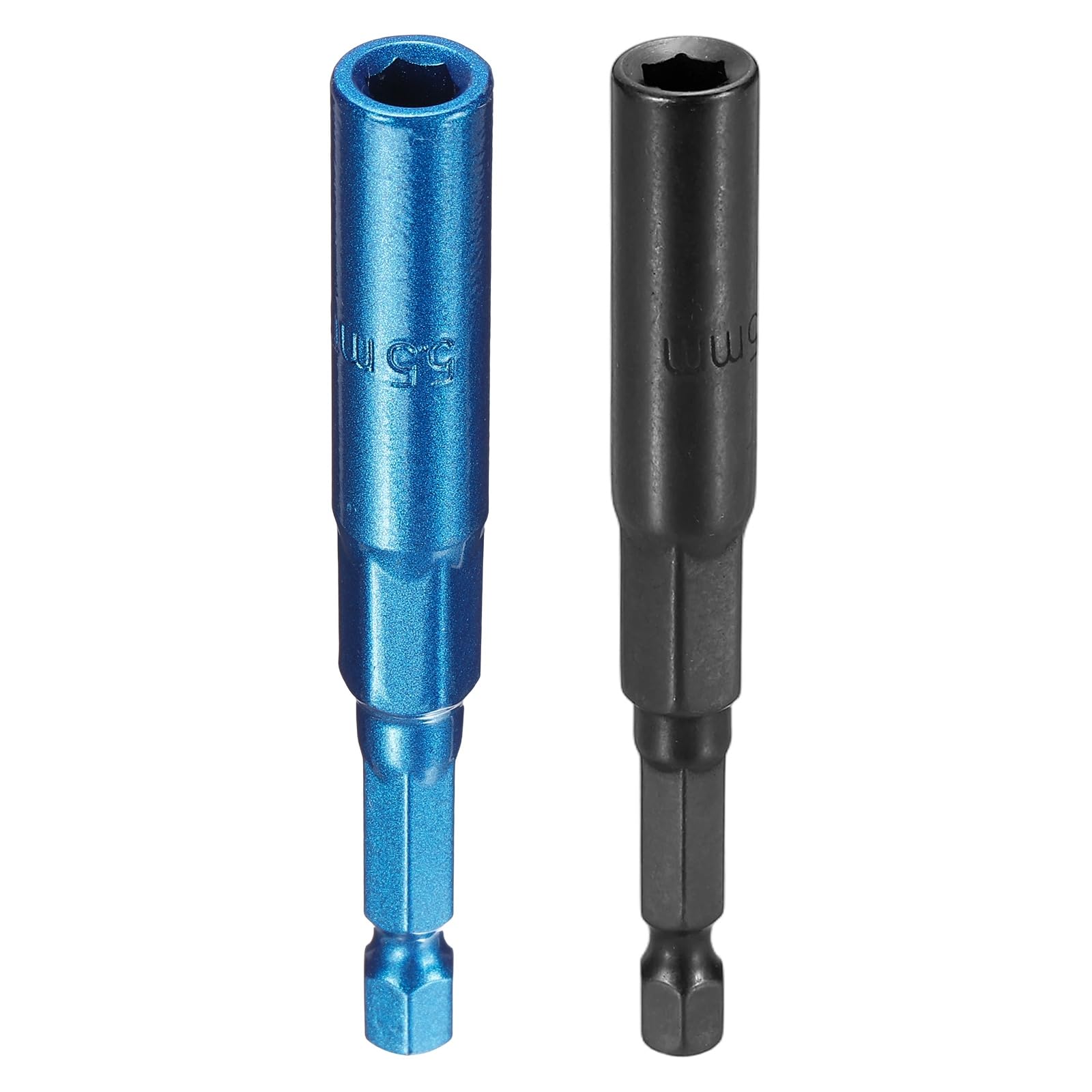 sourcing map 2pcs Nut Driver Drill Bit 5.5mm Metric Socket 1/4" Hex Shank 3.15" (80mm) Extra Long 6-Point Sockets Quick Change Cr-V Steel Bolt Setters for Power Drill Drivers, Black/Blue