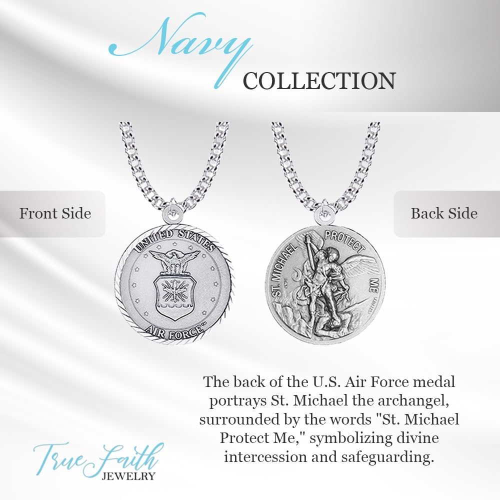 True Faith Jewelry Sterling Silver United States Air Force Service Medal with St Michael Patron Saint Archangel Pendant Necklace, 1-1/8 Inch