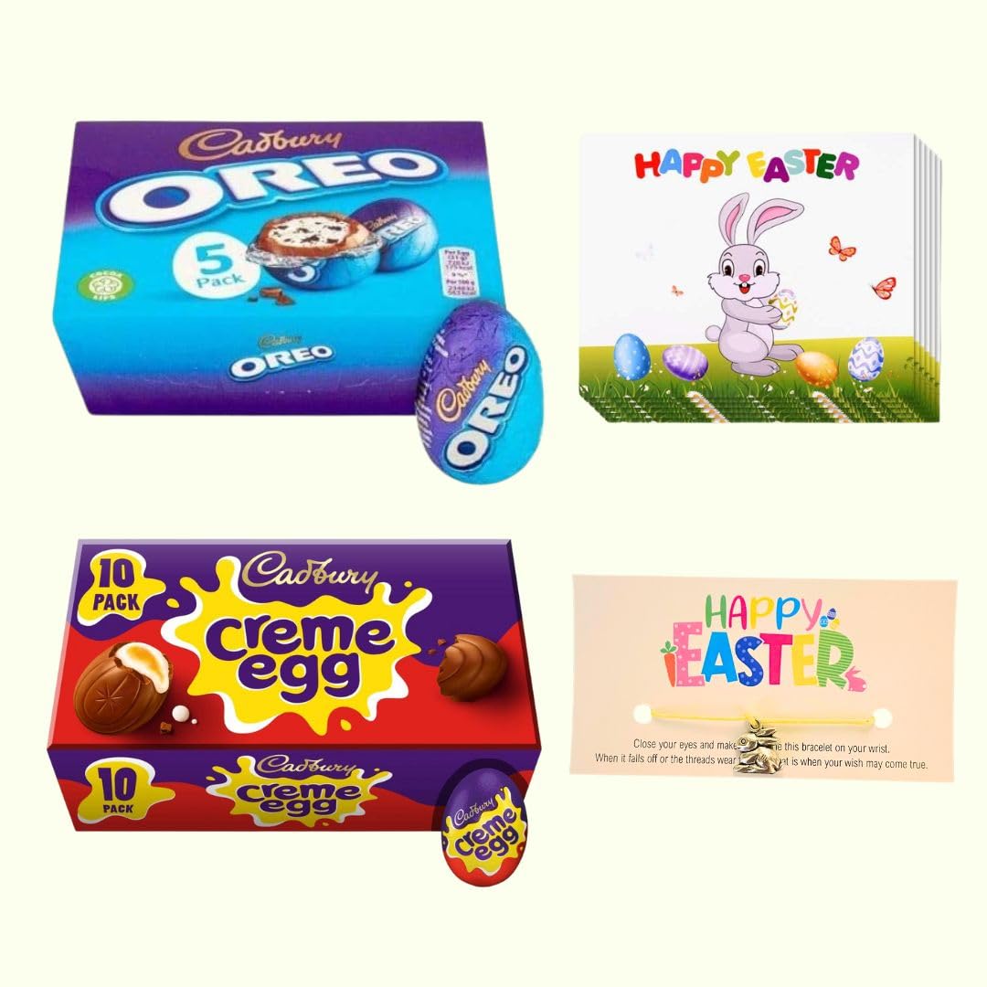 Easter Eggs Chocolate Bundle which Contains Cadbury Creme Egg 400g and Cadbury Oreo Egg 155g Including Easter Bracelet and Happy Easter Card