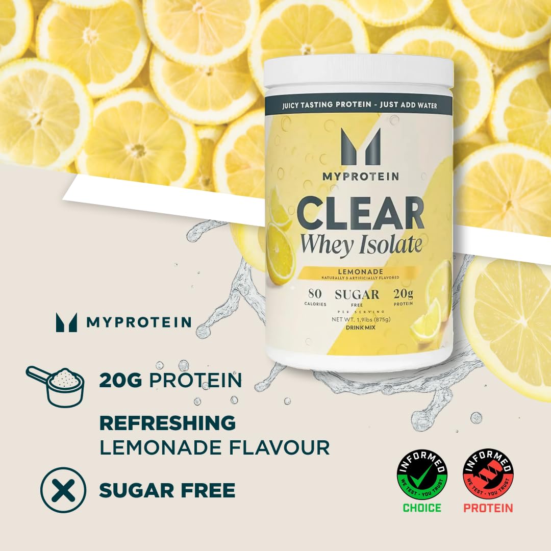 Myprotein Clear Whey Isolate Protein Powder, 1.9 Lb Lemonade, 20g Protein per Serving, Naturally Flavored Drink Mix, Daily Protein Intake for Superior Performance