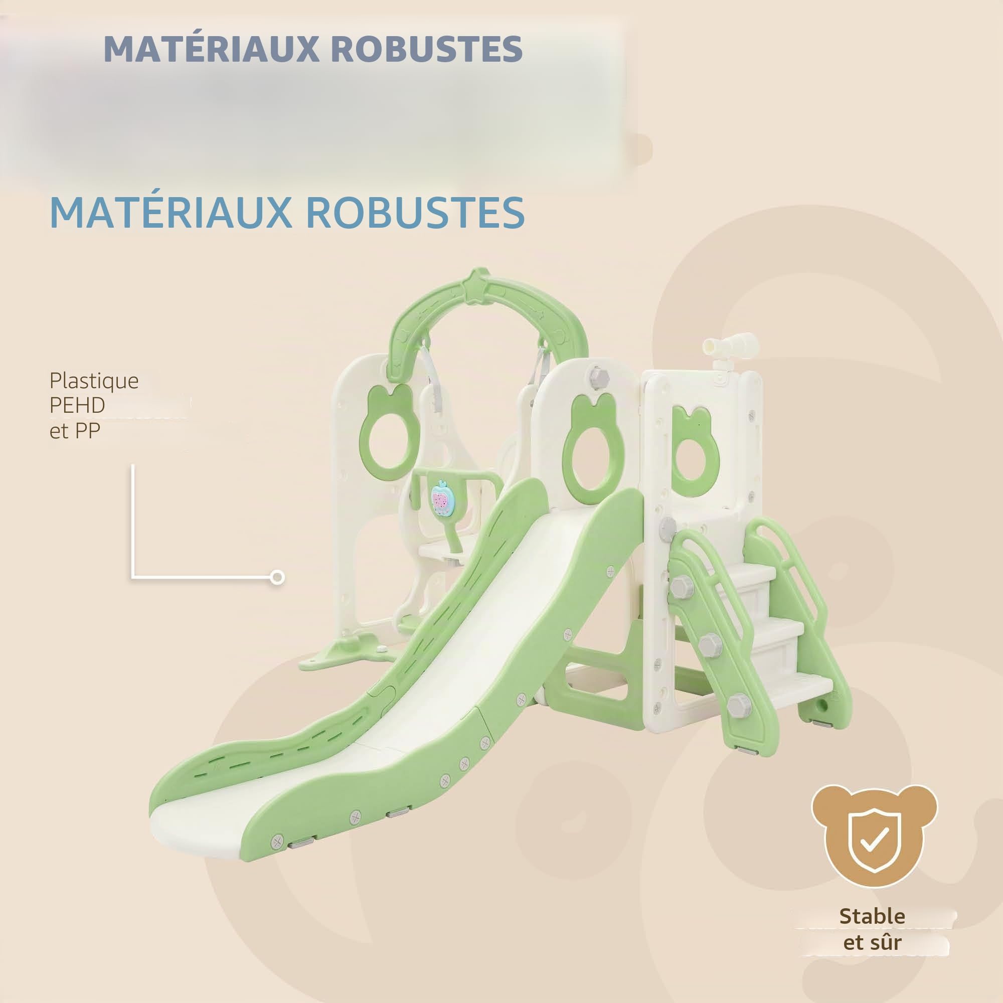 Joyz Toboggan et Balançoire Enfant 5 en 1 avec Escaliers, Télescope, Panier de Basket, Aire de Jeux Intérieure et Extérieure, Jouets Structure pour Tout-Petits, Dès 3 Ans, Plastique HDPE Vert Clair