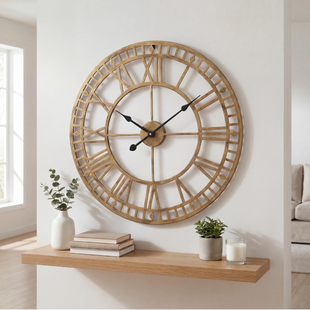 Heaven4you Bronze Large Gold Wall Clock 60Cm Skeleton Roman Numerals Metal