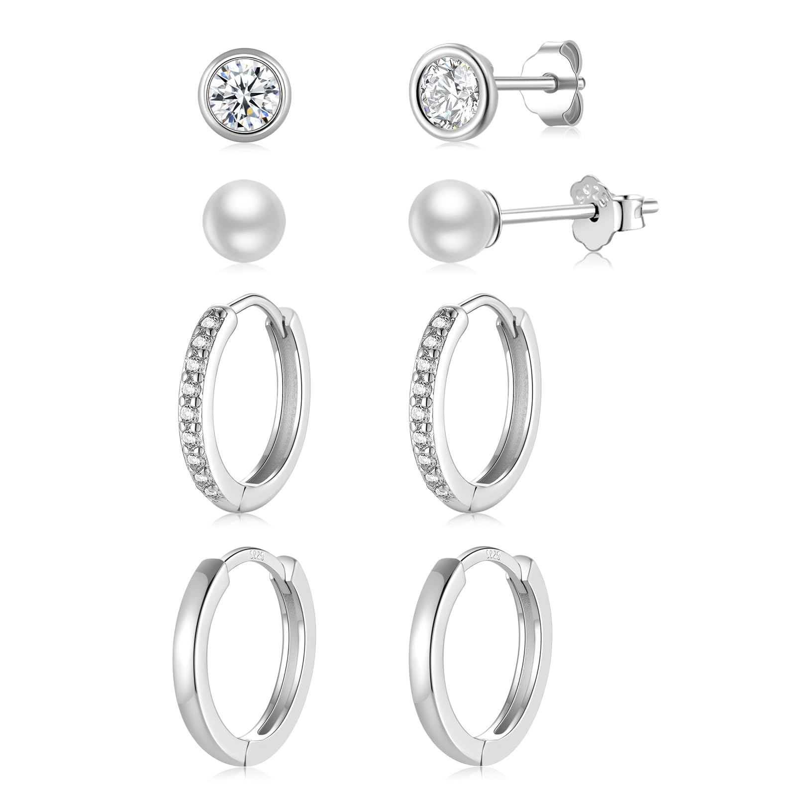 4 Paar Ohrstecker Creolen Silber 925 Klein für Damen, AAA+ Zirkonia Ohrstecker Ohrringe Gold Set, Knorpel Huggie Ohrringe für Mädchen Frauen