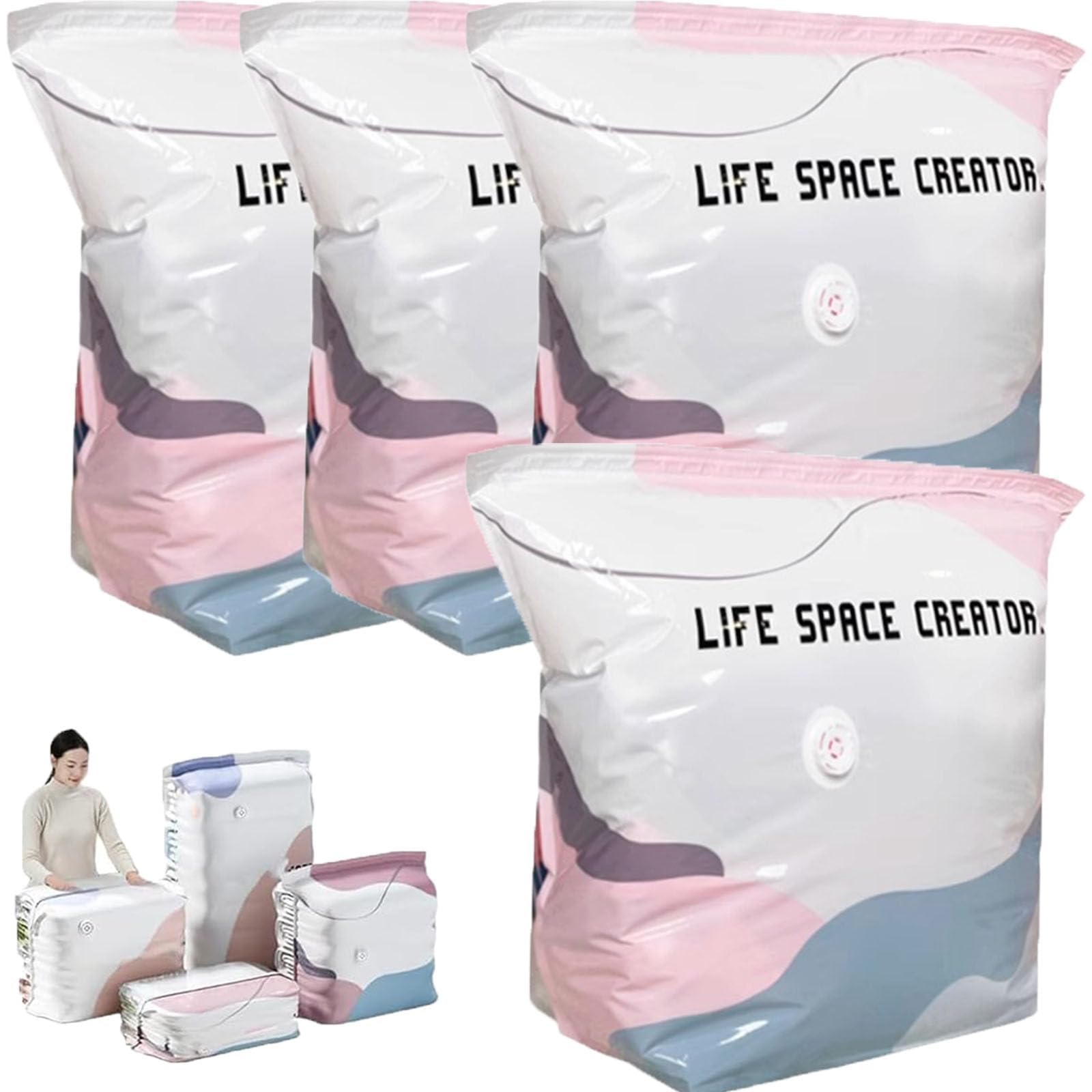 No‑Pump Vacuum Storage Bags Press & Seal No Pump Needed Thickened Non Suction Vertical Compression Bag Space Saver Dust-proof Vacuum Seal Bag for Comforters Blankets Clothes (4PCS,L)