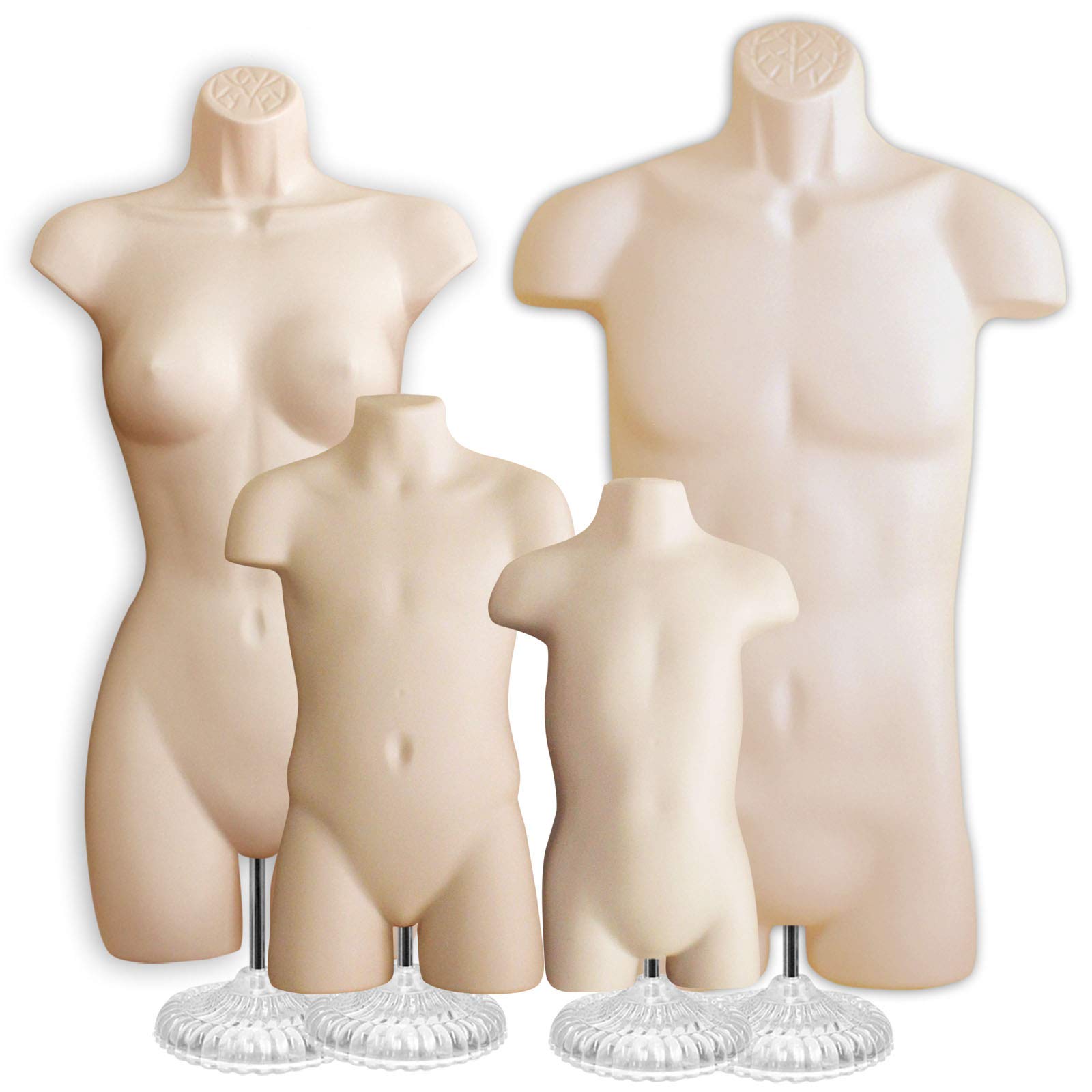 4-Piece Flesh-Colored Mannequin Set - Family Of Man, Woman, Child & Toddler Torso Forms With Stand