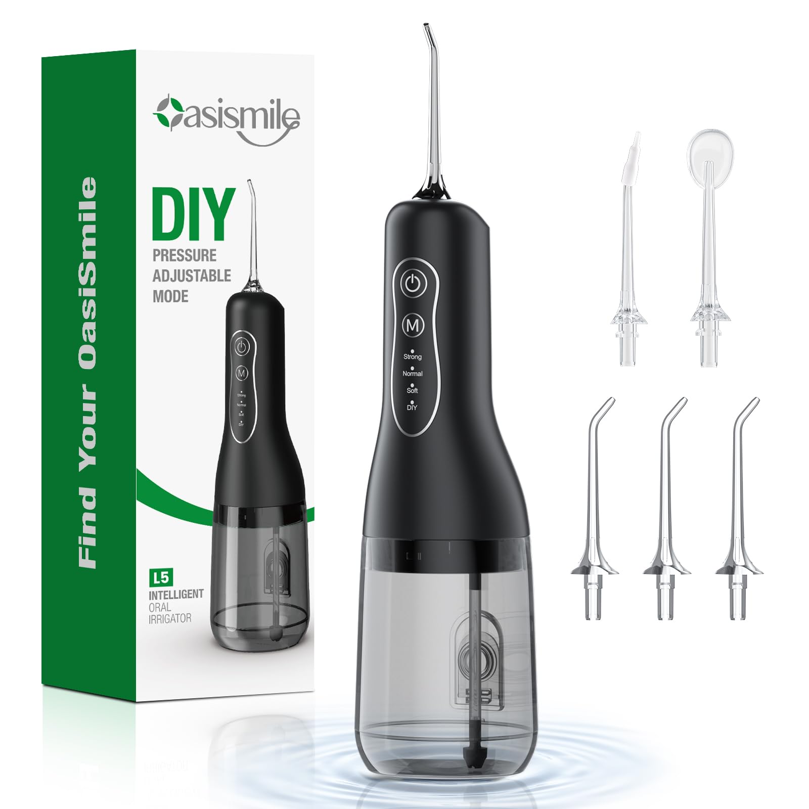 Irrigador Bucal Portátil Inalámbrico 300ml, OasiSmile Irrigador Dental Eléctrico con 5 Boquillas, 4 Modos + Modo DIY Ajustable, Memoria Inteligente, IPX7 Impermeable, USB-C Recargable, Casa y Viaje