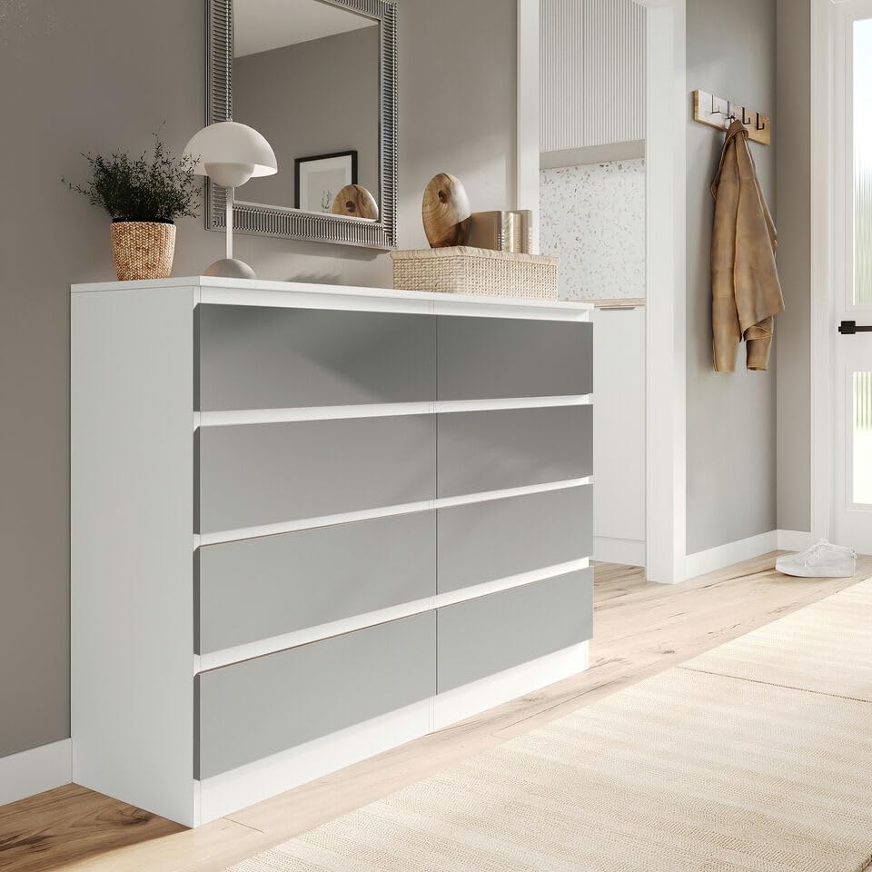 URBNLIVING Modern White Wooden Chest with Grey 8 Drawers for Bedroom Office Storage Versatile Bedside Table Stylish Cabinet for Organizing Clothes Accessories Work Place Supplies and Personal Items