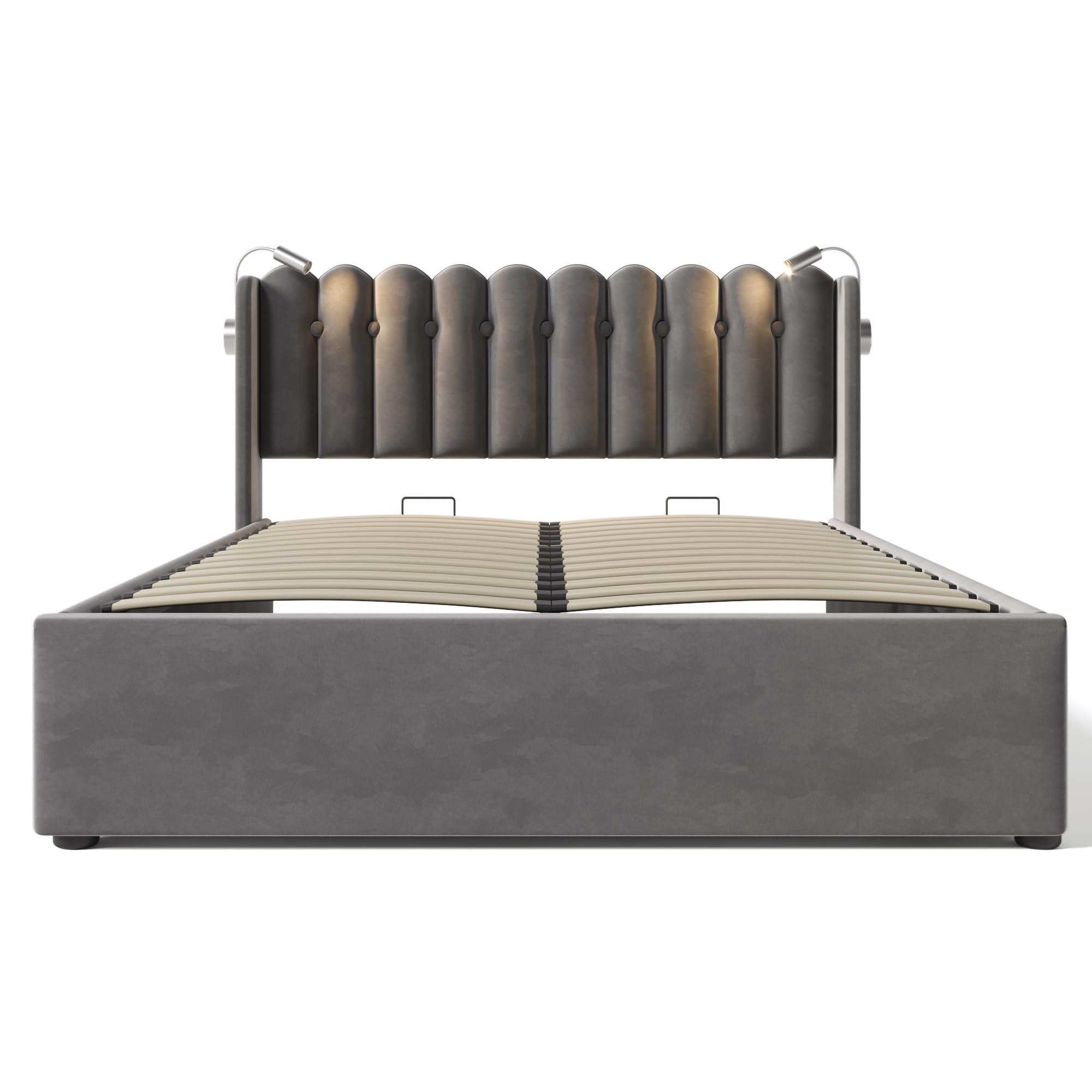 SUKY Letto Matrimoniale Imbottito Con Luci LED – Velluto, Schienale In Spugna Alta Densità, Rete A Doghe, Taglia 140x200 Cm (Grigio)