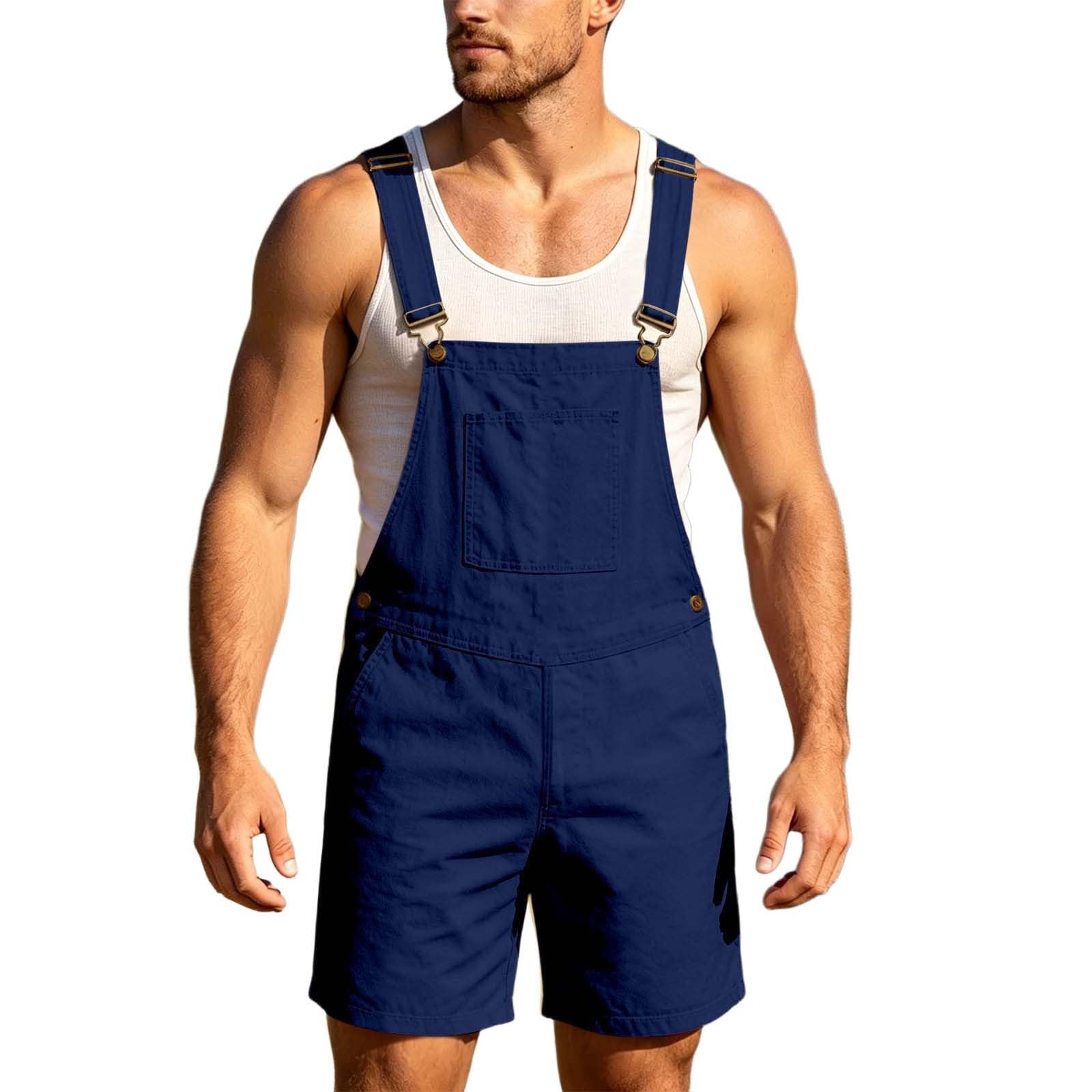 Générique Salopette en Jean pour Homme Short D'été Combinaison en Jean Salopette Cargo Baggy Pantalon de Travail Court Coupe Ample Vintage avec Poches