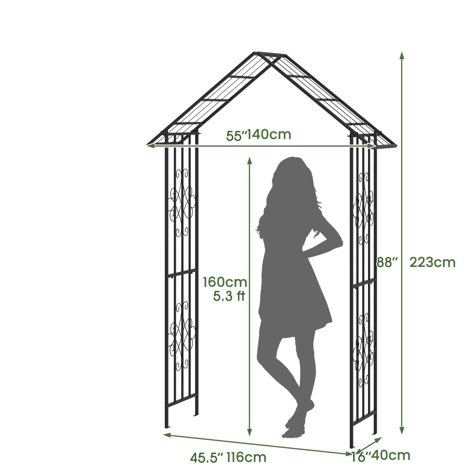 GOPLUS Gartenbogen, Rosenbogen aus Metall, Torbogen für Kletterpflanzen, Metallbogen mit Spitzen, Rankbogen Rankhilfe Pergola Hochzeitsbogen für Garten & Hochzeit, 140 x 40 x 223 cm