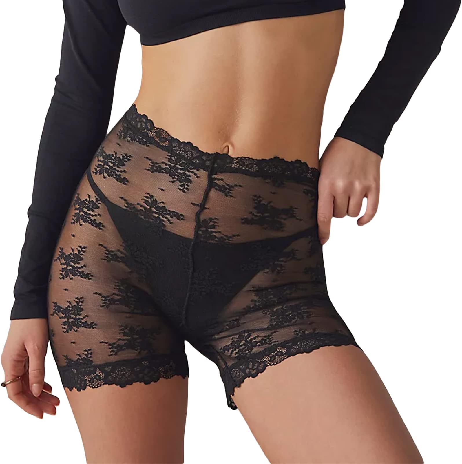 Women Summer Sheer Lace Shorts High Waist See Through Anti-Chafing Panty Shorts Leggings Tight Slip Shorts Swimsuits