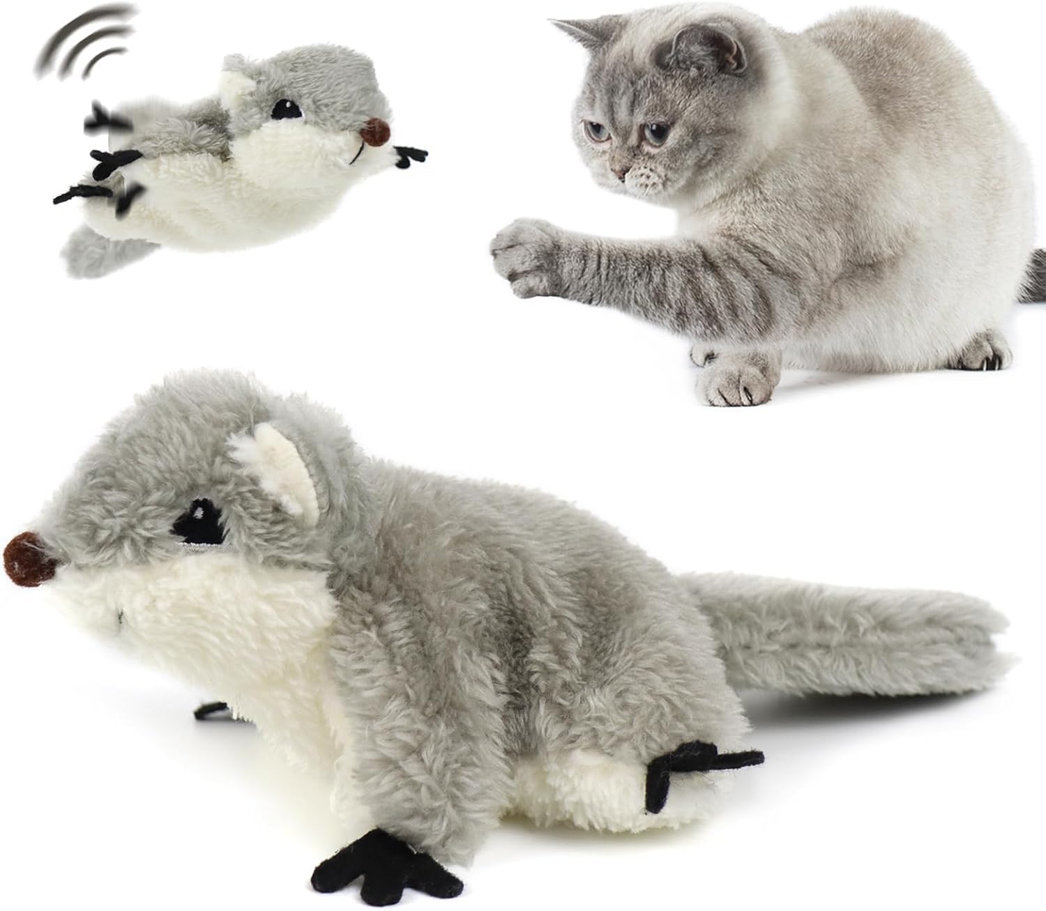 Azonee Interactive Cat Toy - Automatic Chirping Squirrel With Flapping Motion, Lifelike Sound, Rechargeable Touch-Activated Design - Catnip Kicker for Kitten Exercise