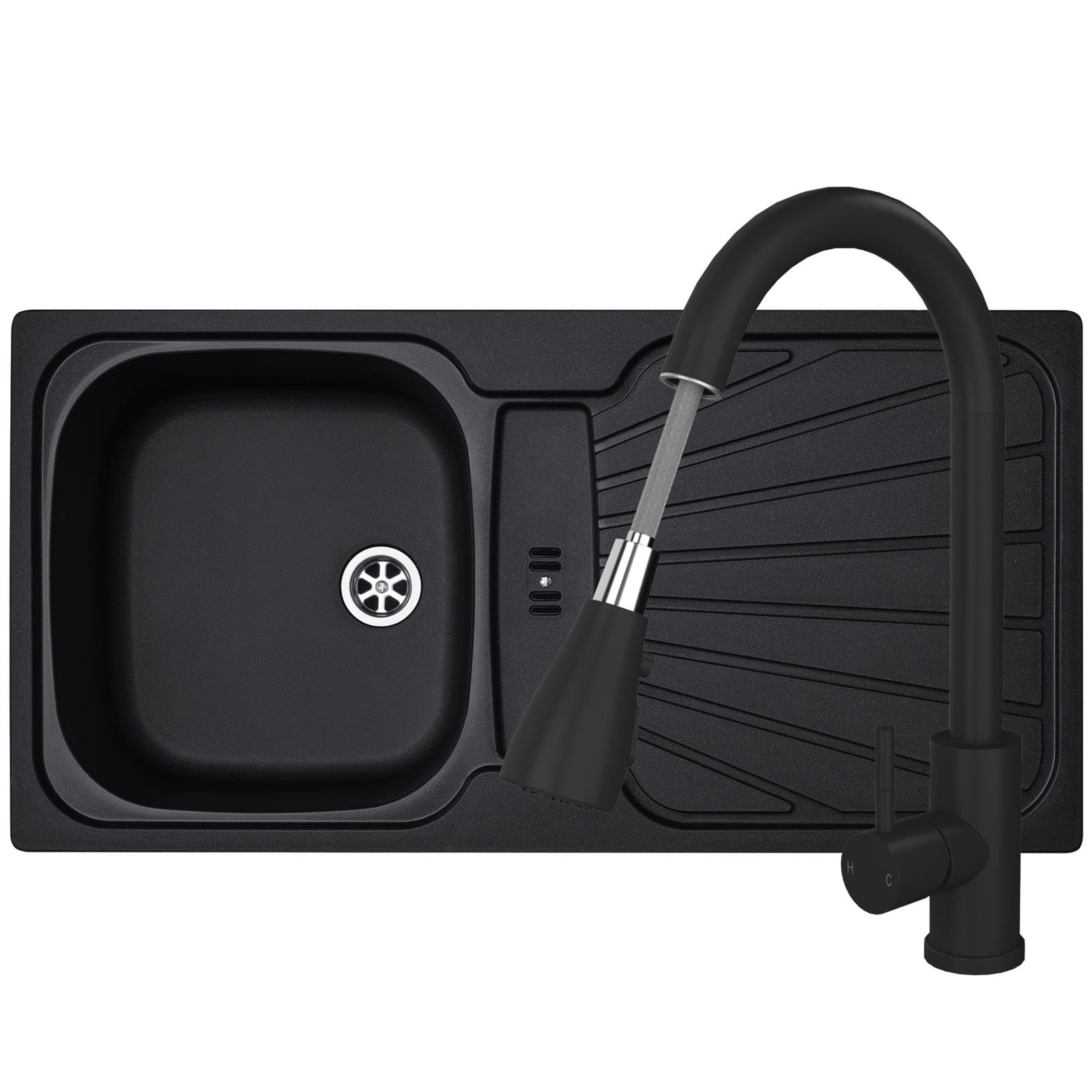 Liquida CMP5BL 1.0 Bowl Black Kitchen Sink with KPO11MB Black Pull Out Tap