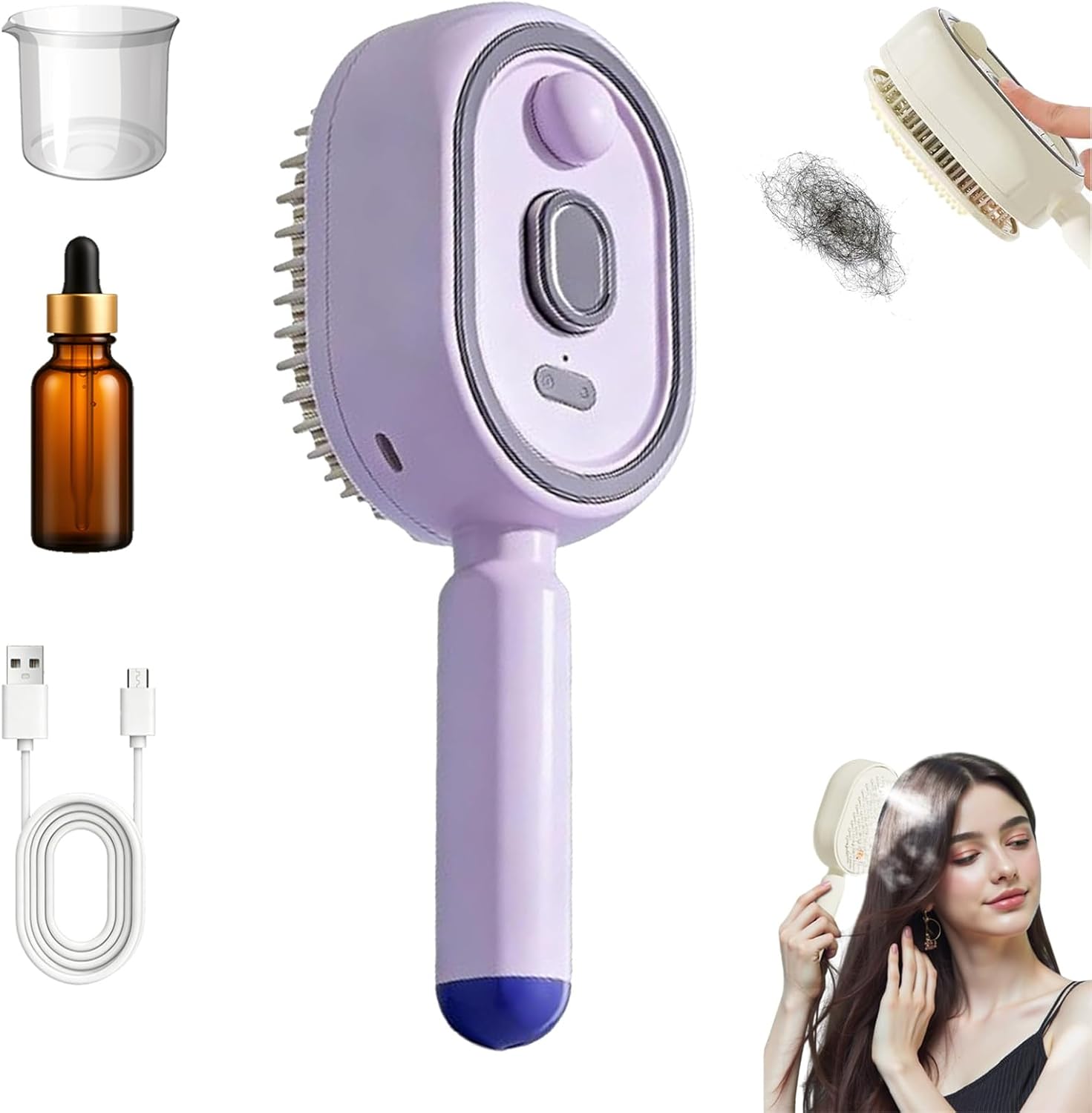 Electric Steam Brush for Hair, Detangling Steam Brush, Rechargeable Steam Hair Straightener with Water Spray, Reduce Frizz, Nourishes Hairs, Anti-Static (Purple)
