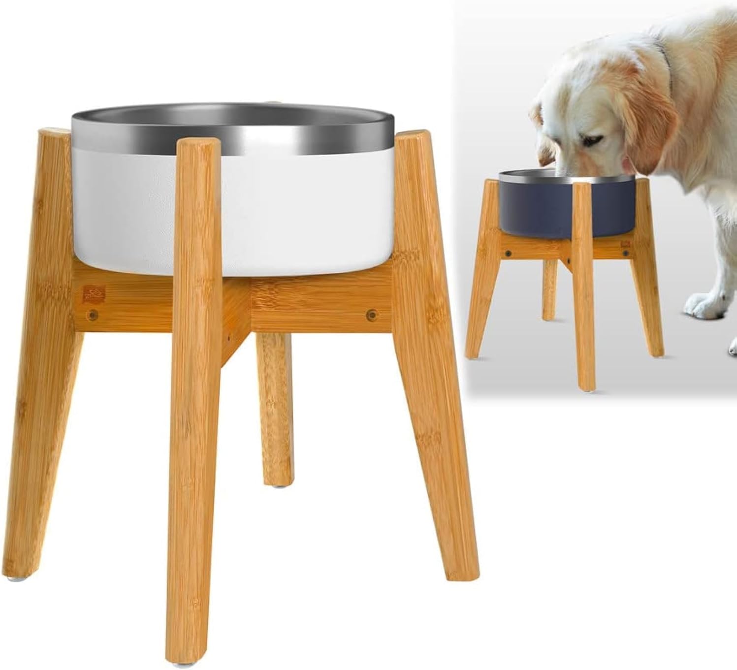 ZPirates Dog Bowl Stand for Large Dogs - Height 14 inches, Adjustable, Lockable Width 8-11 inches, for Raised, Elevated Pet Food Water Feeder Station - Natural Bamboo