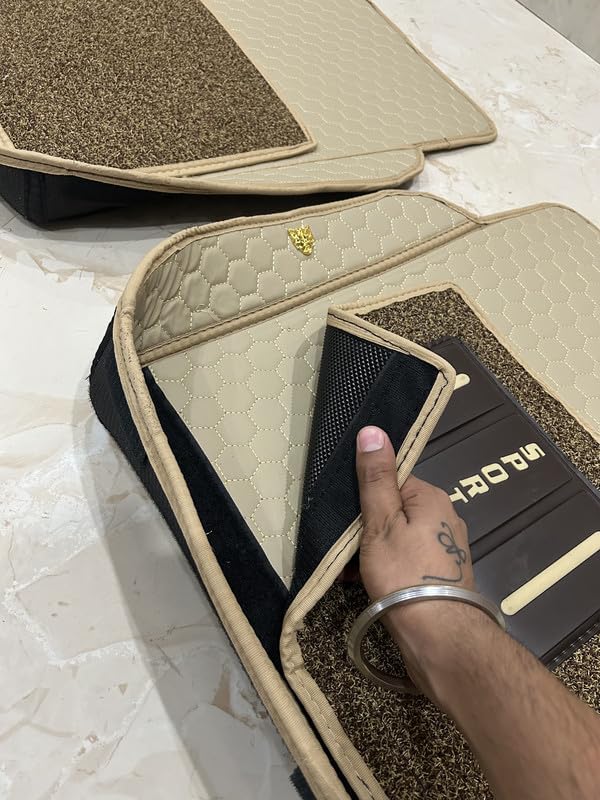 Image of 7D Car Foot Mat Compatible with Citroen C3 | Universal Fit, Luxury Leather Car Floor Mat with Detachable Curly Mat | Waterproof, Anti-Slip | Color: Beige