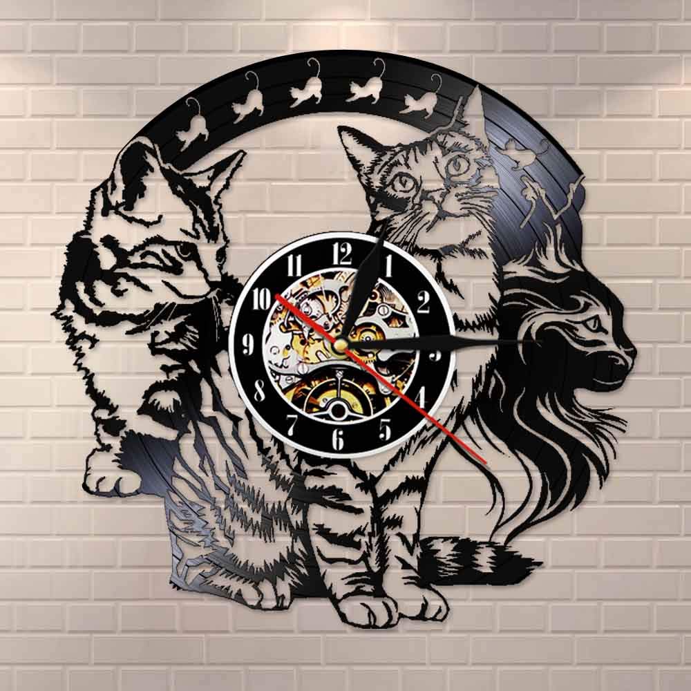 Gattino Gatti Orologio da parete con disco in vinile Disegni per gatti Wall Art Kitty Home Decor Orologio da parete con movimento silenzioso vintage Regalo per gli amanti dei gatti Dia 30cm 7 colori