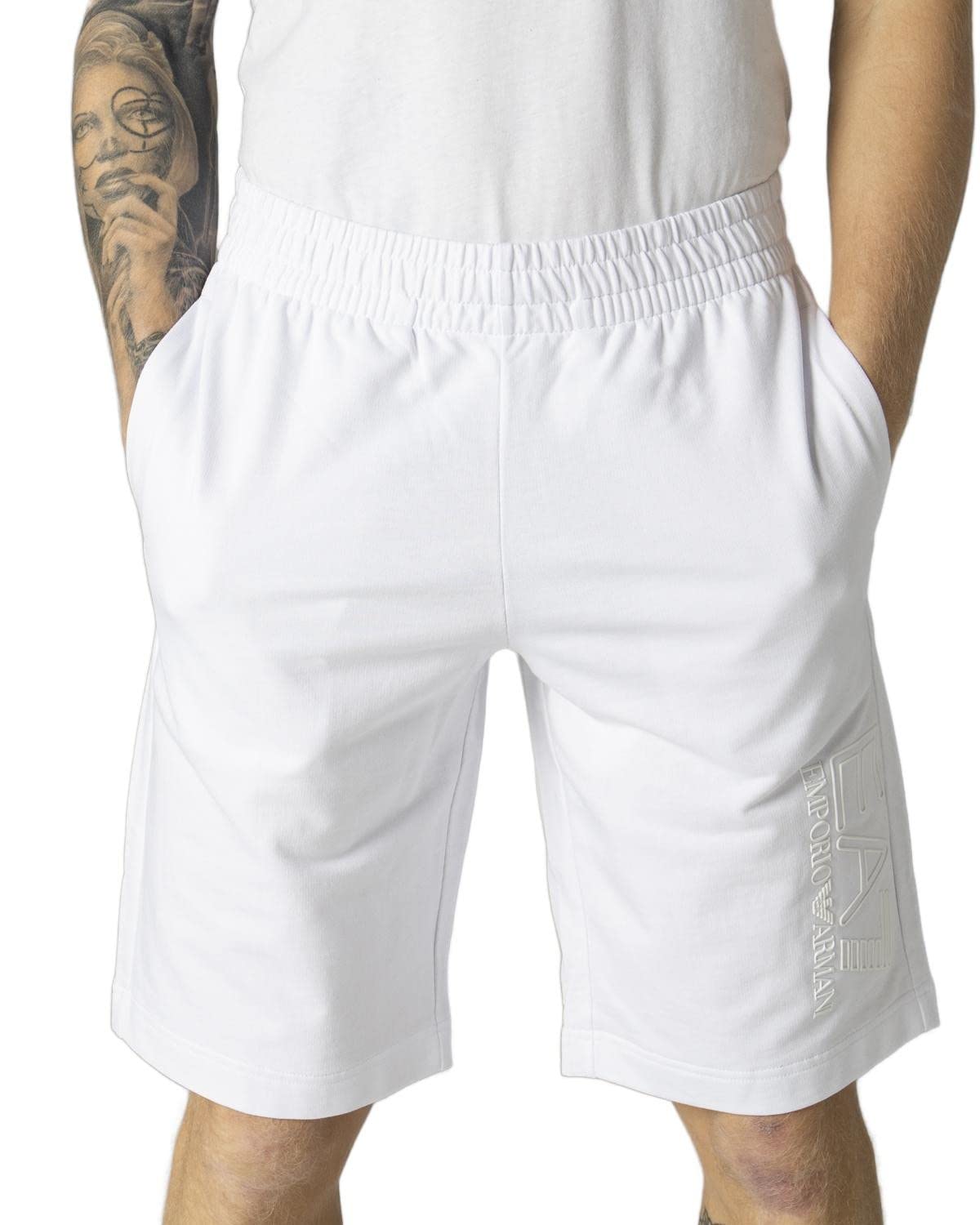 Emporio Armani EA7 Shorts in Cotone Stampato Logo Bianco