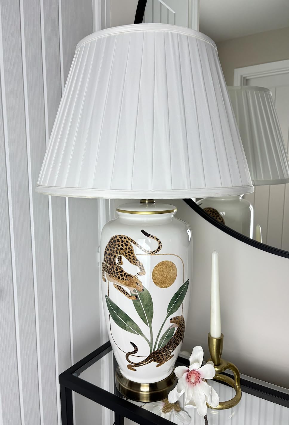 DOWNTON INTERIORS Green Gold Leopard Ceramic Porcelain Table Lamp (G2125) (Pleated Shade)