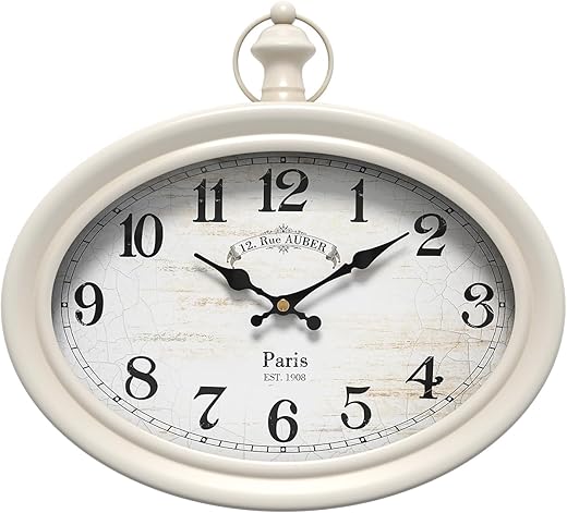 Retro Oval Wall Clock. White Vintage Antique Style. Battery Operated Silent Wall Clocks for Farmhouse, Living Room,Kitchen,Bedroom,Bathroom (10.5 H x 11.3 W)