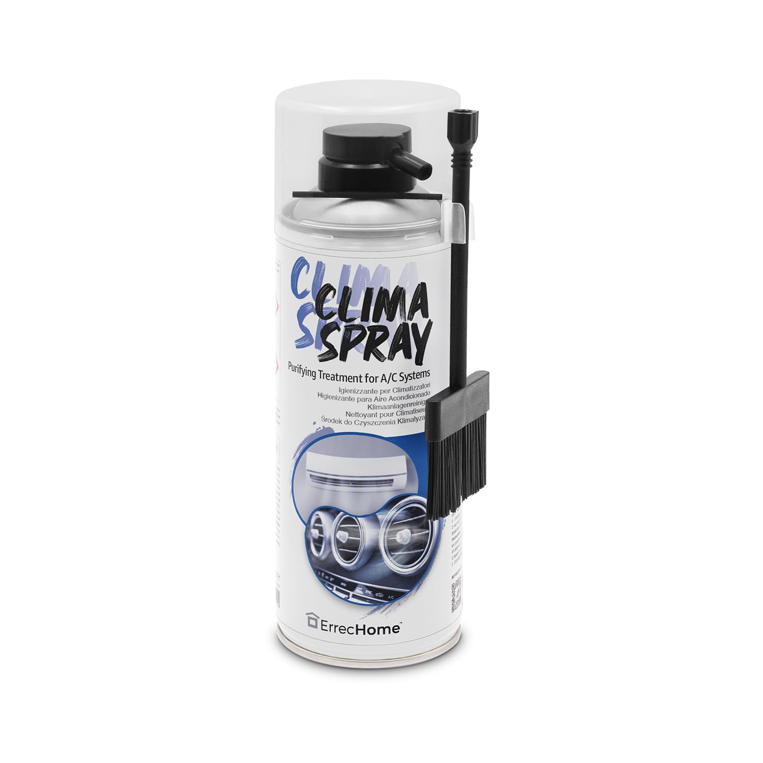 ERRECHOME Clima Spray PRO, Air Conditioner Cleaner with special stiff bristle dispenser brush designed for direct use on coils, disposable gloves included, 400 mL bottle