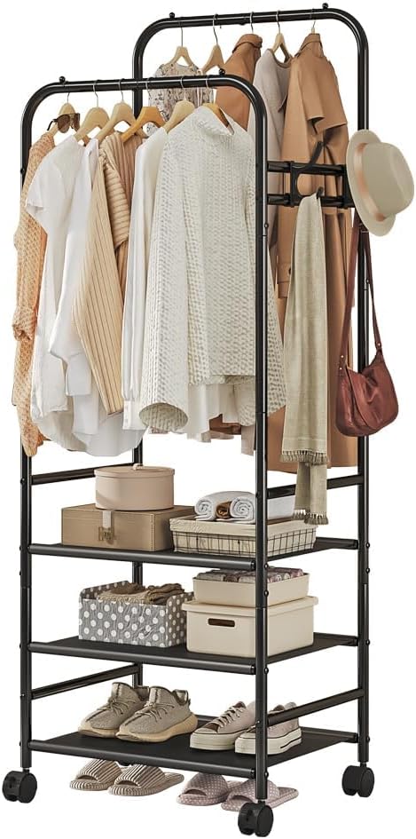 Clothes Racks for Hanging Clothes, Double Rods Rolling Clothing Rack with 3-Tier Storage Shelves, Portable Garment Rack with Wheels (Black, With 3 Small Shelves)