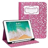 Zonefoker for iPad 6th 5th Generation Cases 2018 2017, iPad Air 2 Case 2014, iPad Air 2013, iPad Pro 9.7 inch Case 2016 with Pencil Holder, Leather Cover for Kids, Women, Men, Composition Book Pink