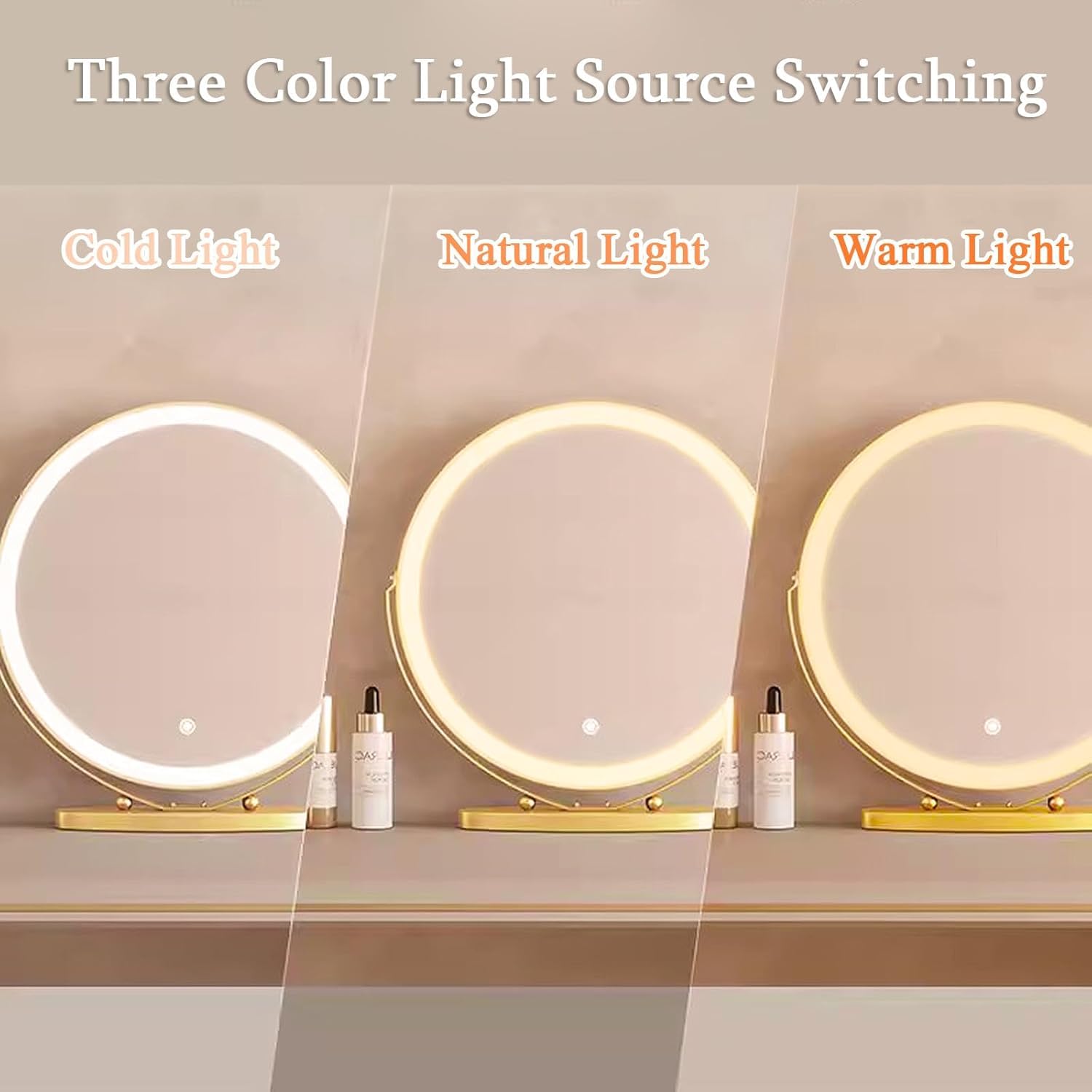 Hollywood Ronde Make-upspiegel, Vrijstaande Kaptafel Verlichting Grote Spiegel met Led-licht, Tafelblad Cosmetische Spiegel, 360° Rotatie en Touch Dimbaar 3 Kleuren voor Slaapkamer Woonkamer