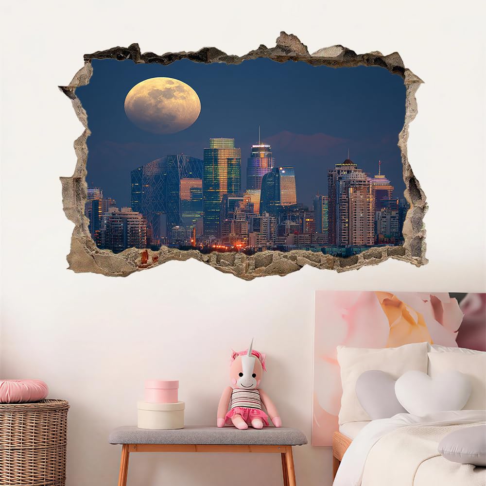 3D Wandtattoo Wanddurchbruch, Stadtsilhouette Durchbruch Wandaufkleber für Kinderzimmer, sticker für Wohnzimmer, Mond Wandsticker, Wandbild Junge Mädchen Schlafzimmer