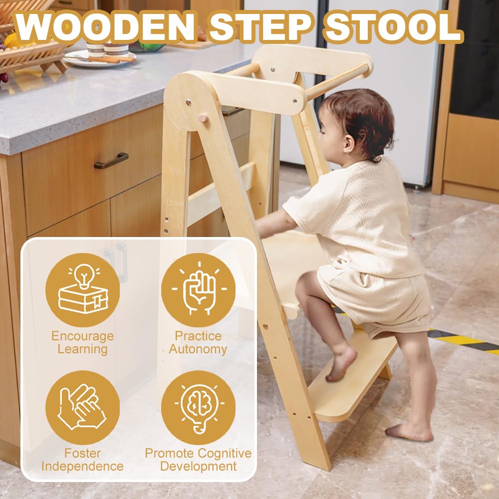 Torre pieghevole per bambini, torre di apprendimento in legno, altezza regolabile a 3 livelli, per bambini, da 1 a 6 anni, sgabello per cucina e bagno