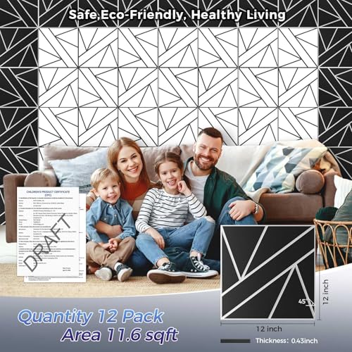 12 Pack 2-Layer Soundproof Wall Panels, 12 x 12 x 0.43 in Sound Proof FoamPanels for Walls, 0.9lb/ft* High Density, Thicker 0.43 in, 3D AcousticPanels,Artistic Noise Dampening Panels Black&White - Thumbnail 2