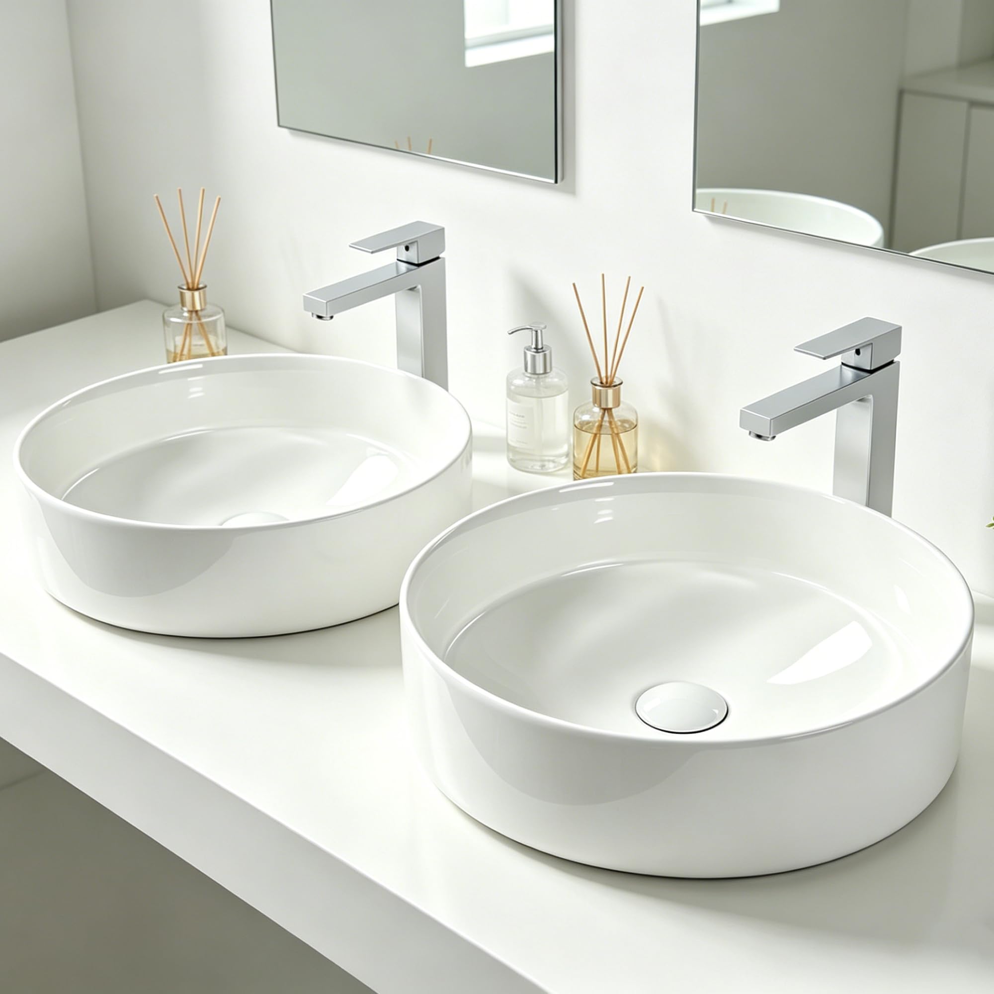 NUESTRA VIDA Vasque à poser ronde en céramique, 36 x 36 x 12 cm (L x l x H), blanc - Sans trou de robinet, idéal pour salle d'eau d'invités
