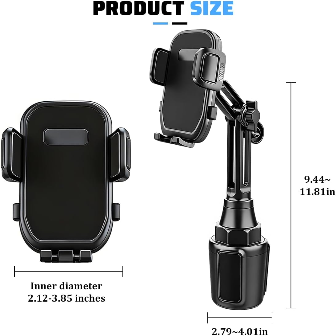 Car Cup Phone Holder, 360° Rotation Adjustable Vehicle Cup Cell Phone Mount with Expandable Base, Automotive Interior Smartphone Holder, Universal for SUV RV Truck